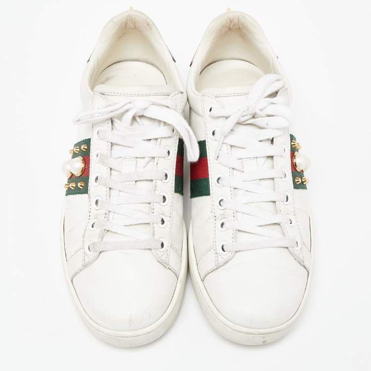 Pre Owned Gucci White Leather Faux Pearl and Spikes Embellished Ace Low Top Sneakers Size 36.5