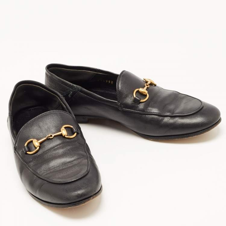 Pre Owned Gucci Black Leather Jordaan Horsebit Slip On Loafers Size 35.5