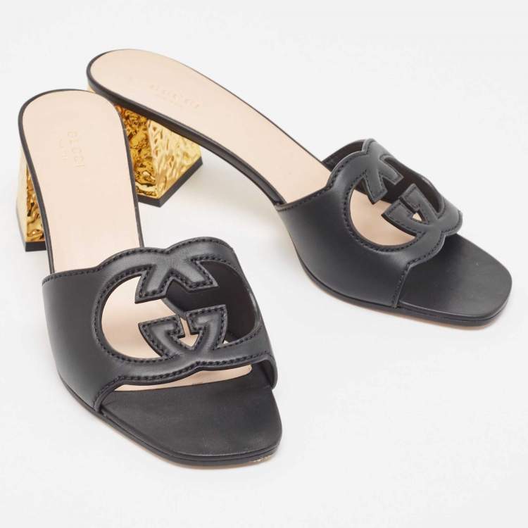 Pre Owned Gucci Black Leather Cut Out Interlocking G Slide Sandals Size 42