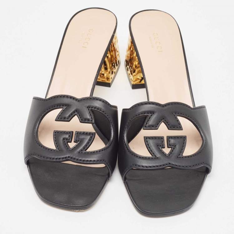 Pre Owned Gucci Black Leather Cut Out Interlocking G Slide Sandals Size 42