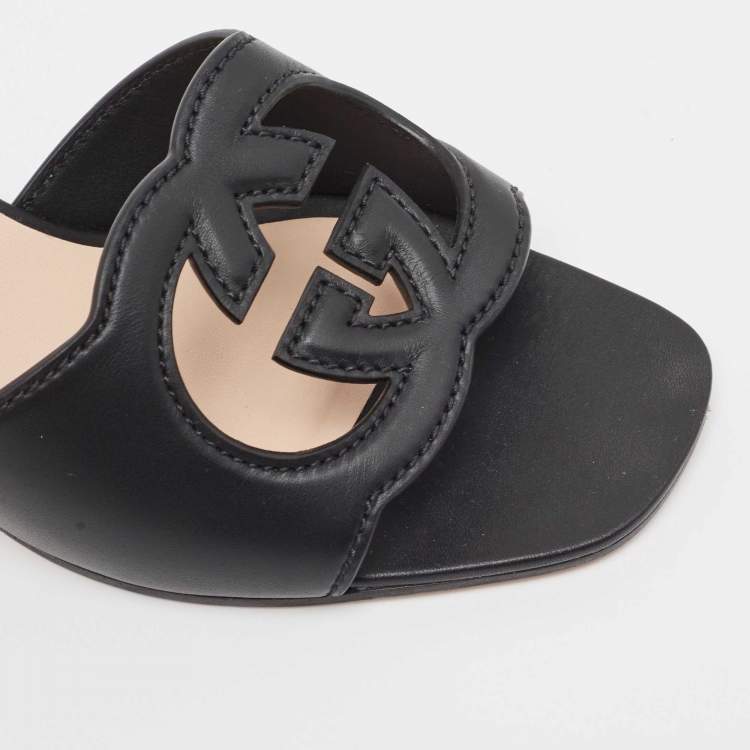 Pre Owned Gucci Black Leather Cut Out Interlocking G Slide Sandals Size 42