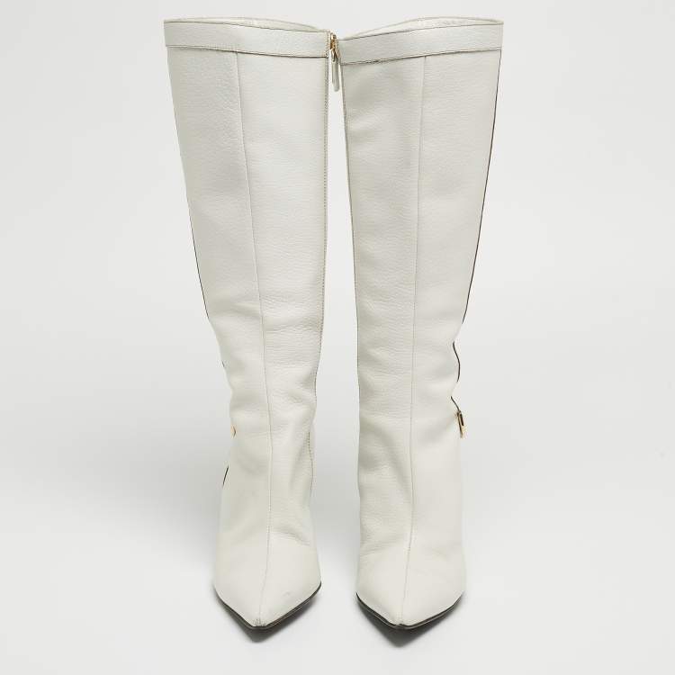 Pre Owned Gucci White Leather Pointed Toe Knee Length Boots Size 41