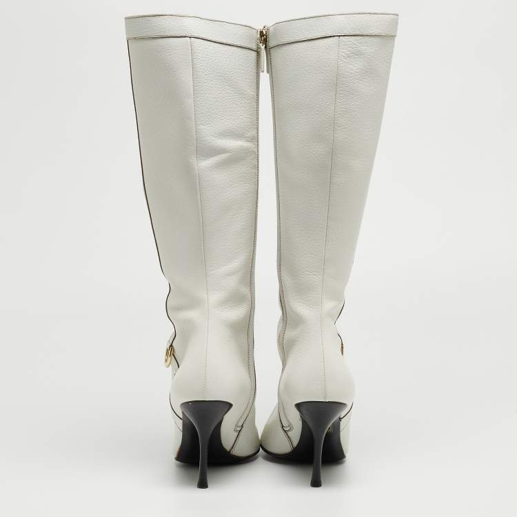 Pre Owned Gucci White Leather Pointed Toe Knee Length Boots Size 41