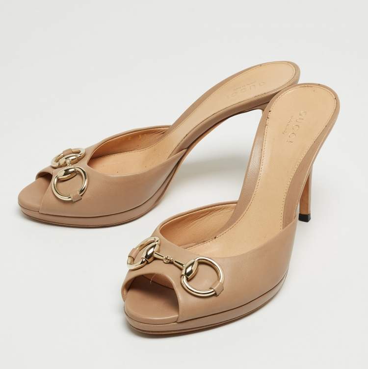 Pre Owned Gucci Beige Leather Hollywood Slide Sandals Size 37