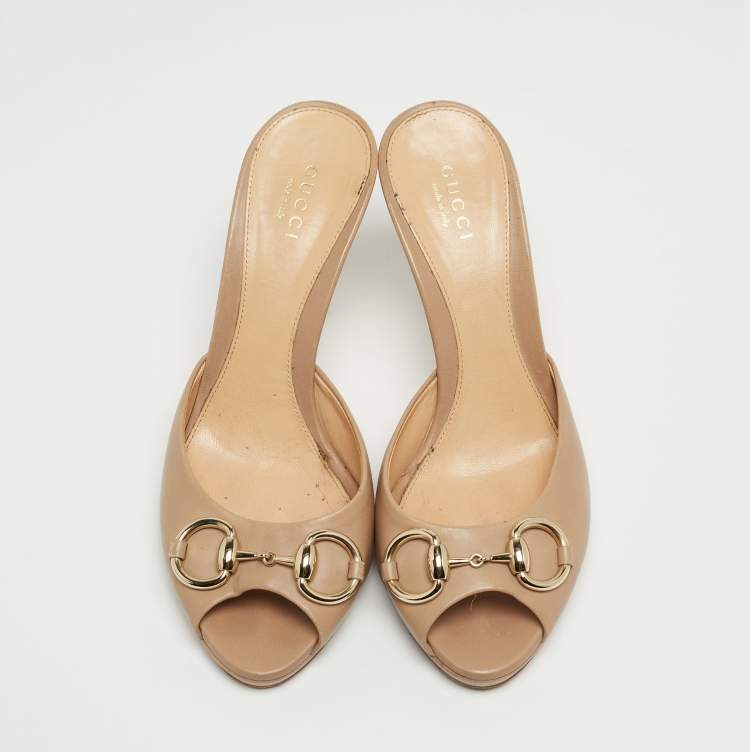 Pre Owned Gucci Beige Leather Hollywood Slide Sandals Size 37