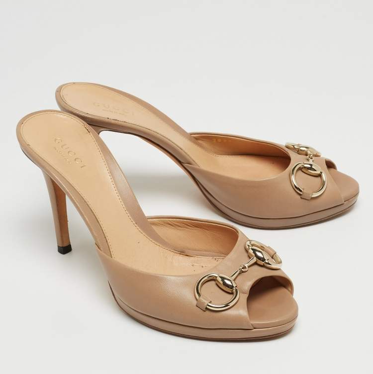 Pre Owned Gucci Beige Leather Hollywood Slide Sandals Size 37