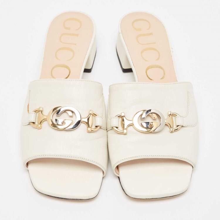 Pre Owned Gucci Off White Leather Zumi Slide Sandals Size 37