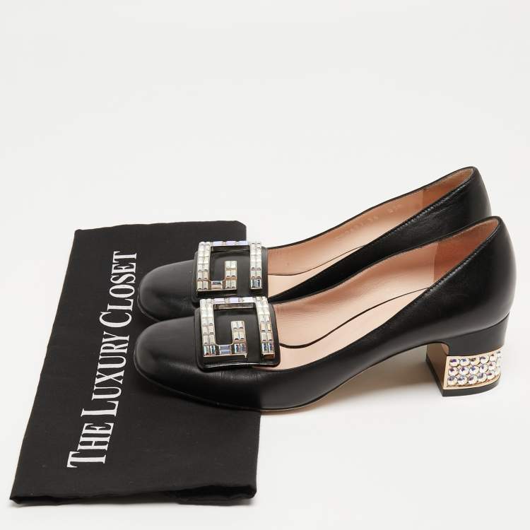 Pre Owned Gucci Black Leather Crystal Embellished Block Heel Pumps Size 36  