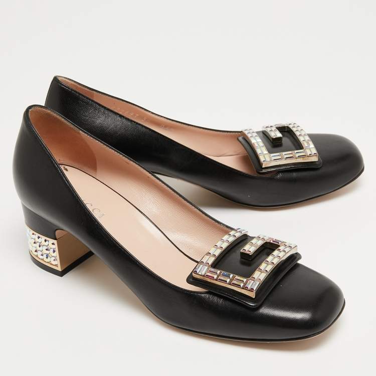Pre Owned Gucci Black Leather Crystal Embellished Block Heel Pumps Size 36  