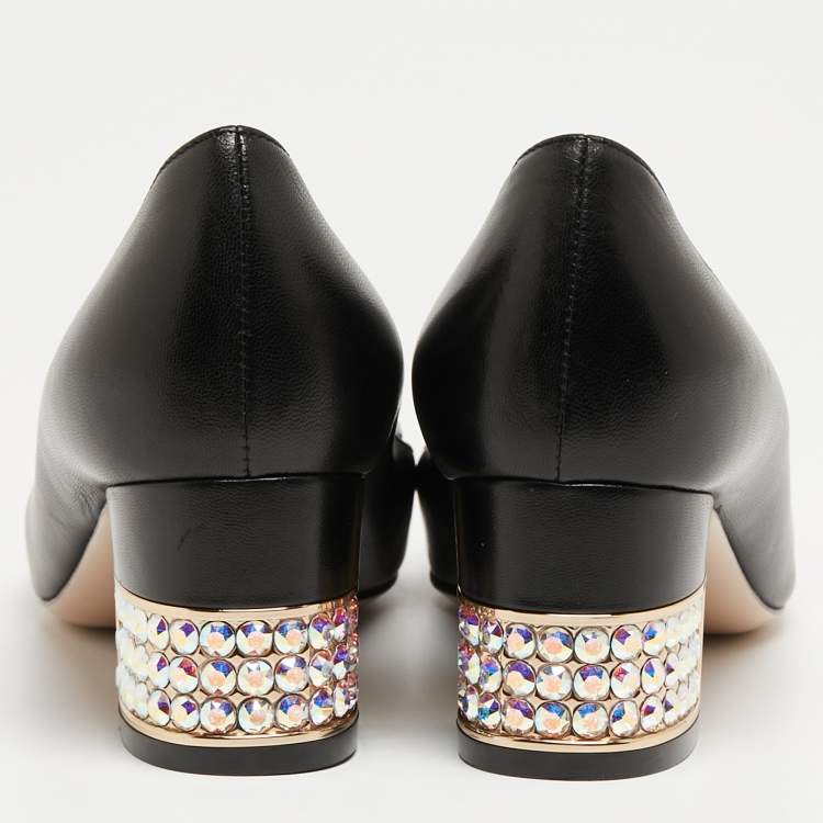 Pre Owned Gucci Black Leather Crystal Embellished Block Heel Pumps Size 36  