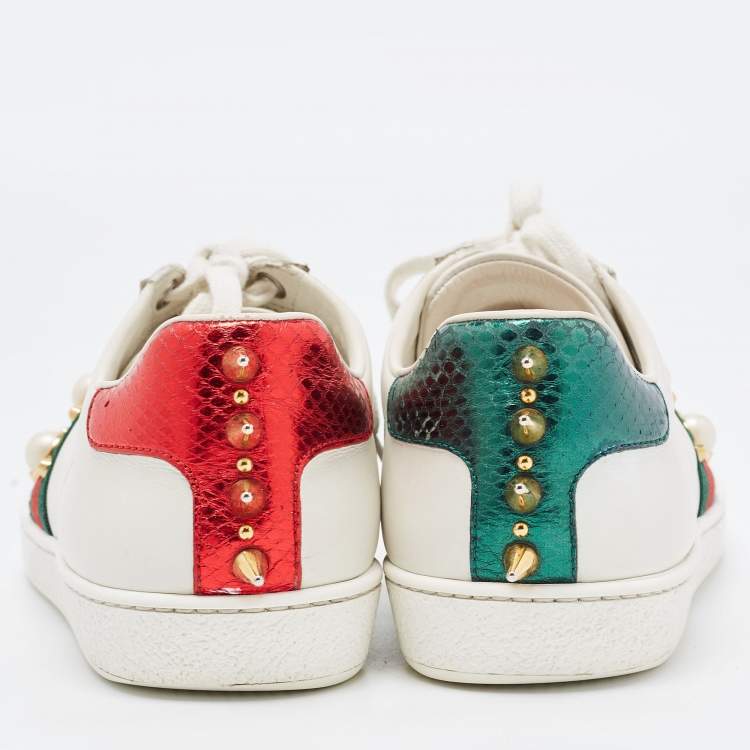 Pre Owned Gucci White Leather Faux Pearl and Spike Embellished Ace Sneakers Size 37.5