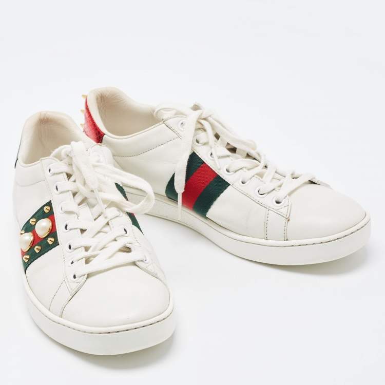 Pre Owned Gucci White Leather Faux Pearl and Spike Embellished Ace Sneakers Size 37.5