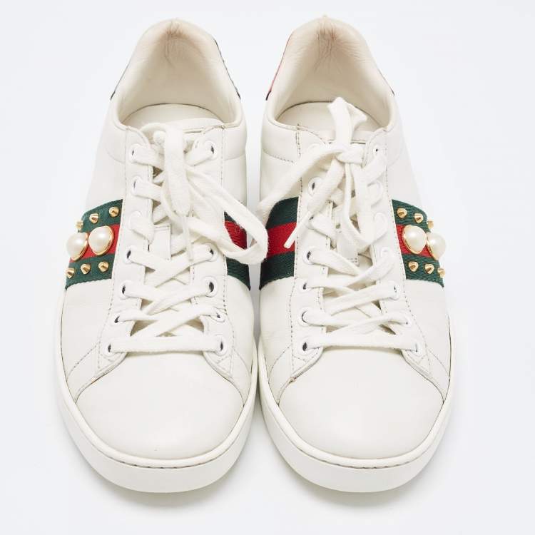 Pre Owned Gucci White Leather Faux Pearl and Spike Embellished Ace Sneakers Size 37.5