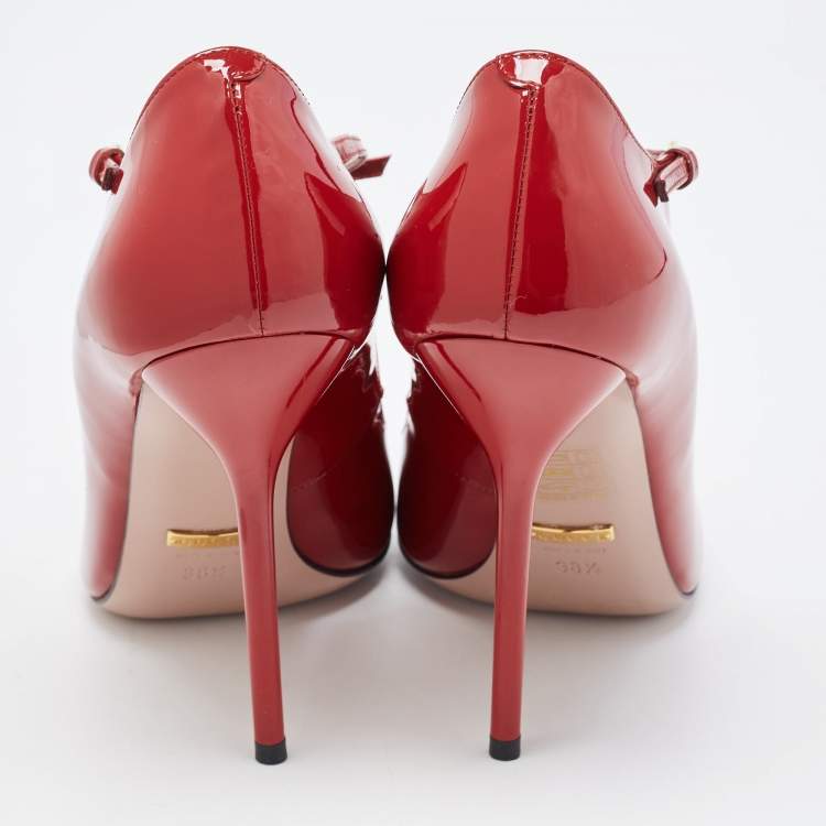 Pre Owned Gucci Red Patent Leather Bow Accents T-Strap Pumps Size 38.5