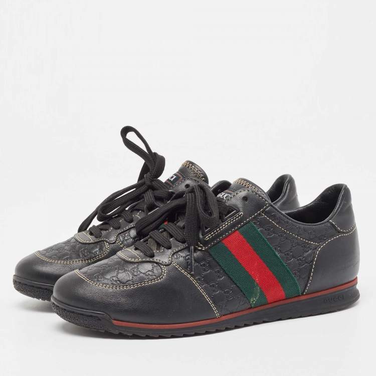 Pre Owned Gucci Black Guccissima Leather Web Low Top Sneakers Size 36.5