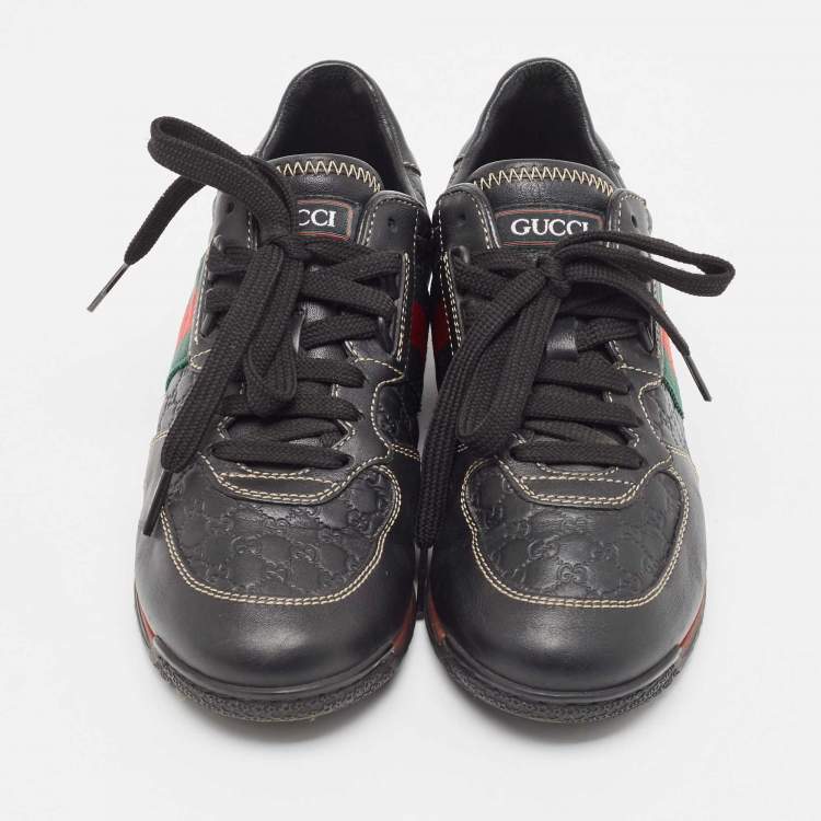 Pre Owned Gucci Black Guccissima Leather Web Low Top Sneakers Size 36.5