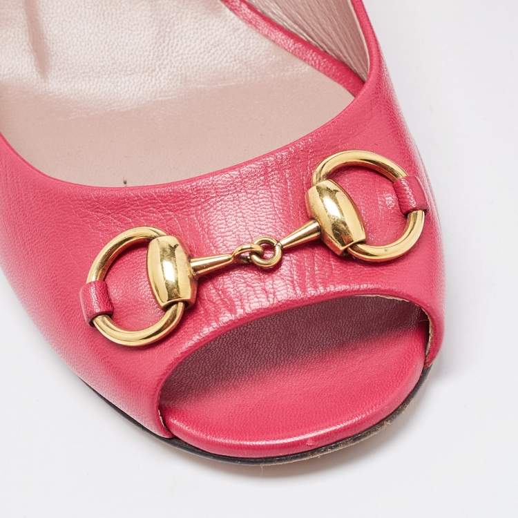 Pre Owned Gucci Pink Leather Horsebit Peep Toe Pumps Size 39