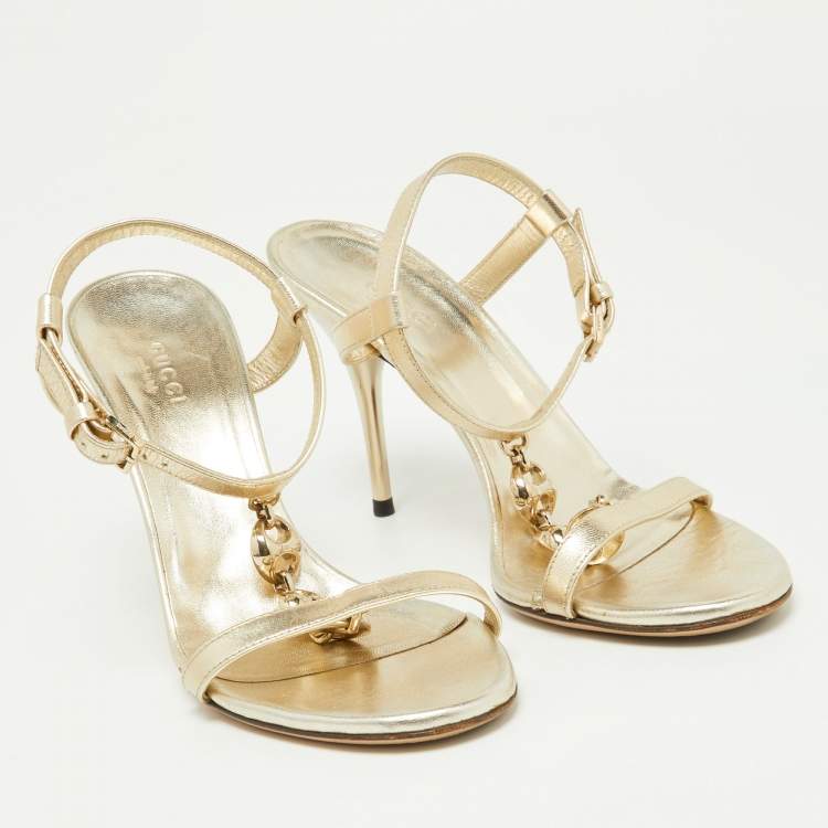 Pre Owned Gucci Gold Leather Buckle Open Toe Ankle Strap Sandals Size 36