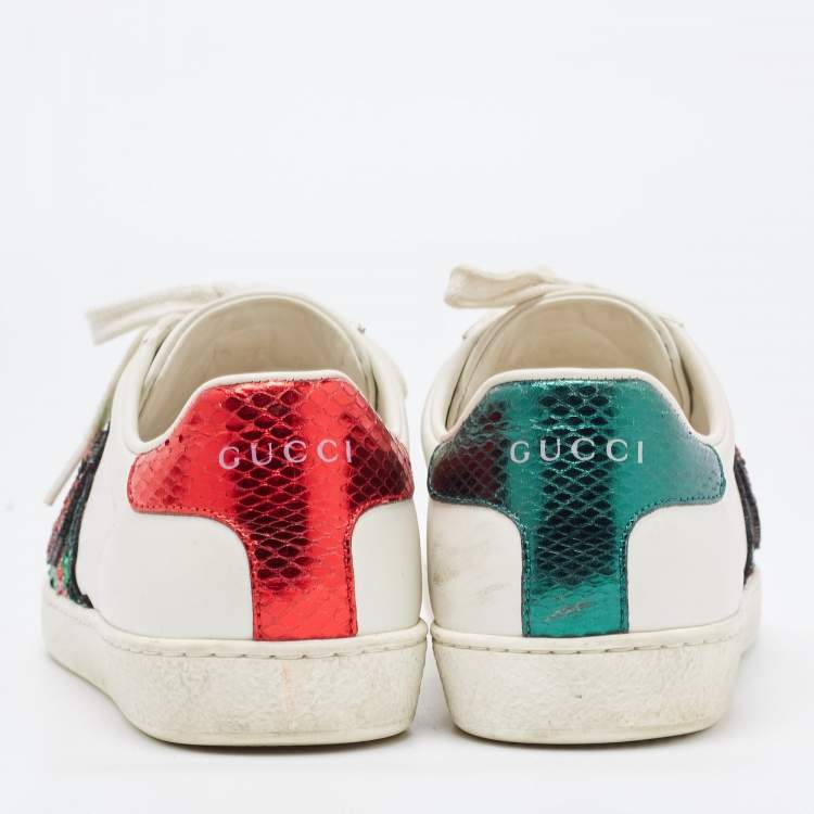 Pre Owned Gucci White Leather Embellished Lip Ace Sneakers Size 36