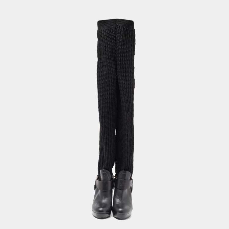 Pre Owned Gucci Black Cotton Knit and Leather Over the Knee Length Platform Boots Size 38