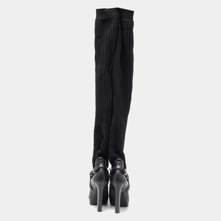 Pre Owned Gucci Black Cotton Knit and Leather Over the Knee Length Platform Boots Size 38