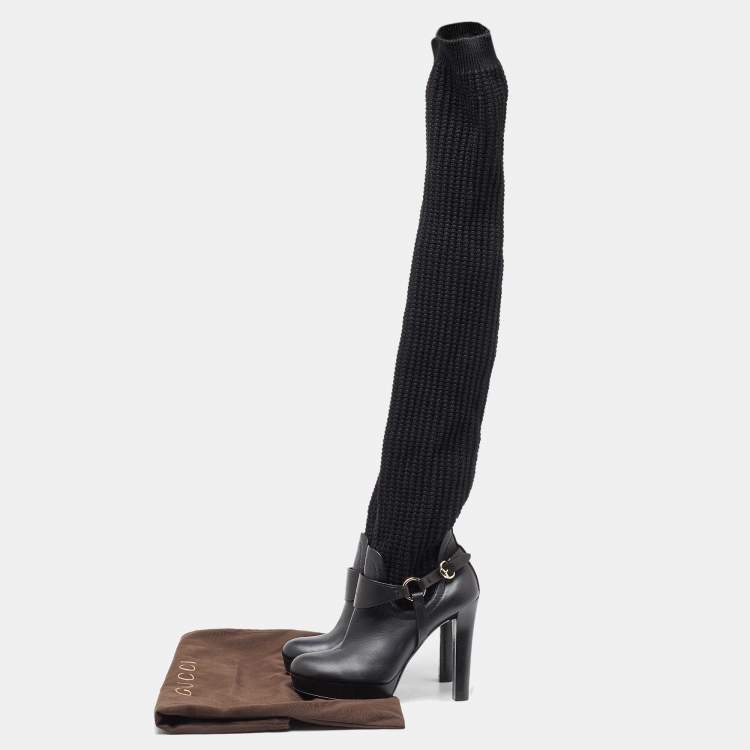 Pre Owned Gucci Black Cotton Knit and Leather Over the Knee Length Platform Boots Size 38