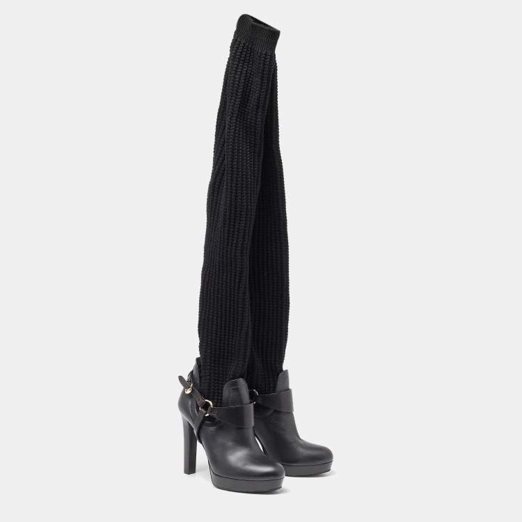 Pre Owned Gucci Black Cotton Knit and Leather Over the Knee Length Platform Boots Size 38