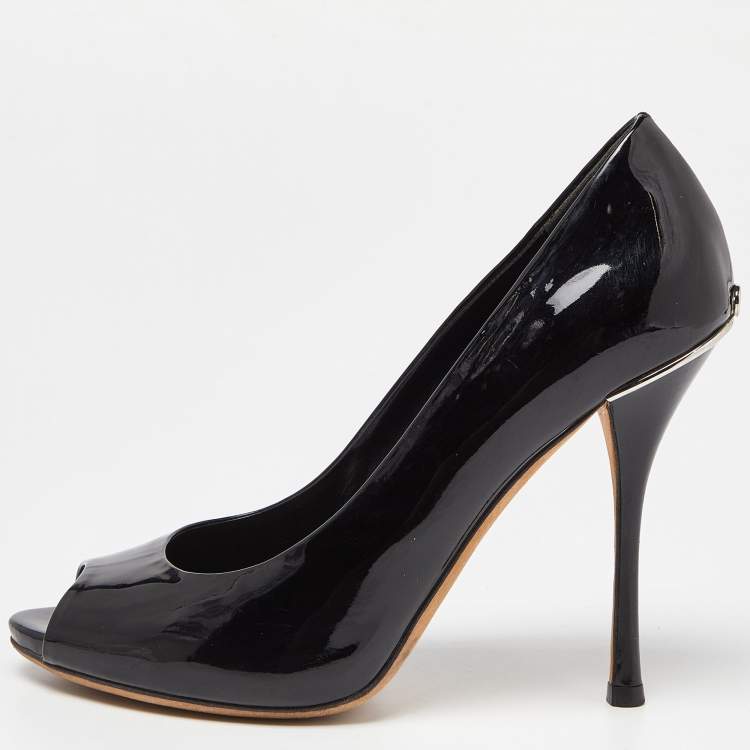 Pre Owned Gucci Black Patent Leather Peep Toe Pumps Size 37