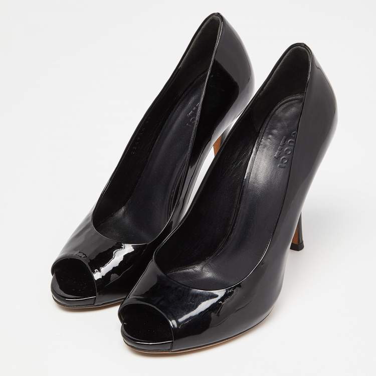 Pre Owned Gucci Black Patent Leather Peep Toe Pumps Size 37
