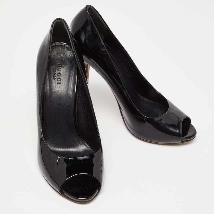 Pre Owned Gucci Black Patent Leather Peep Toe Pumps Size 37