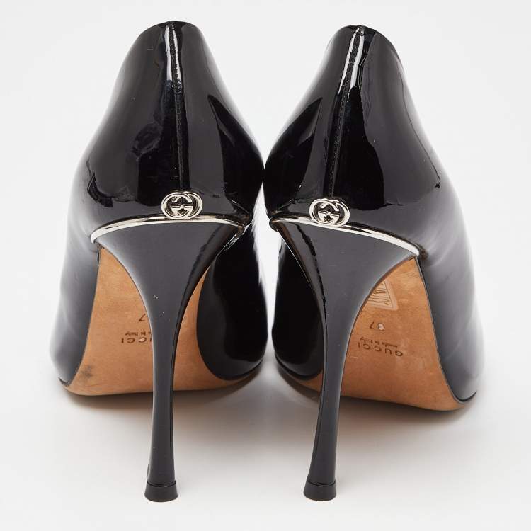 Pre Owned Gucci Black Patent Leather Peep Toe Pumps Size 37