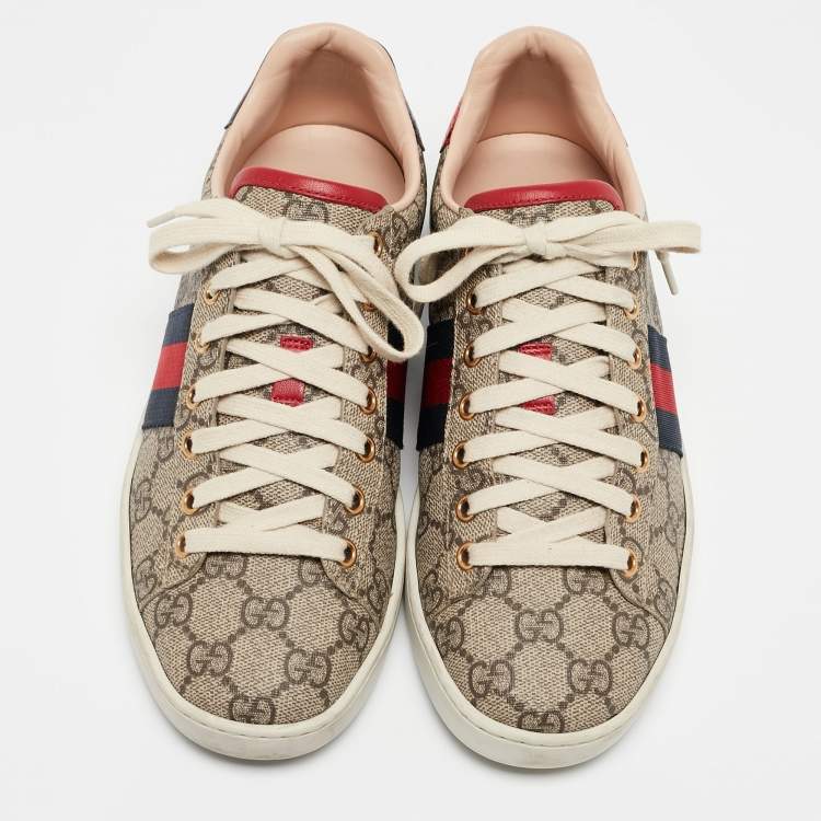 Pre Owned Gucci Brown/Beige Canvas Ace Low Top Sneakers Size 37