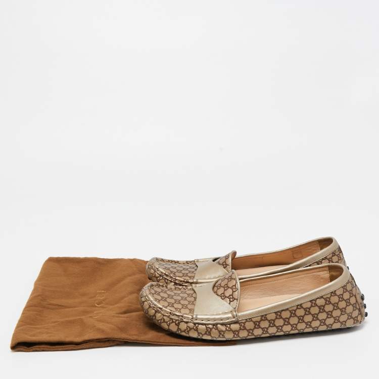 Pre Owned Gucci Metallic/Brown Leather Slip On Loafers Size 38
