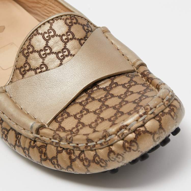Pre Owned Gucci Metallic/Brown Leather Slip On Loafers Size 38