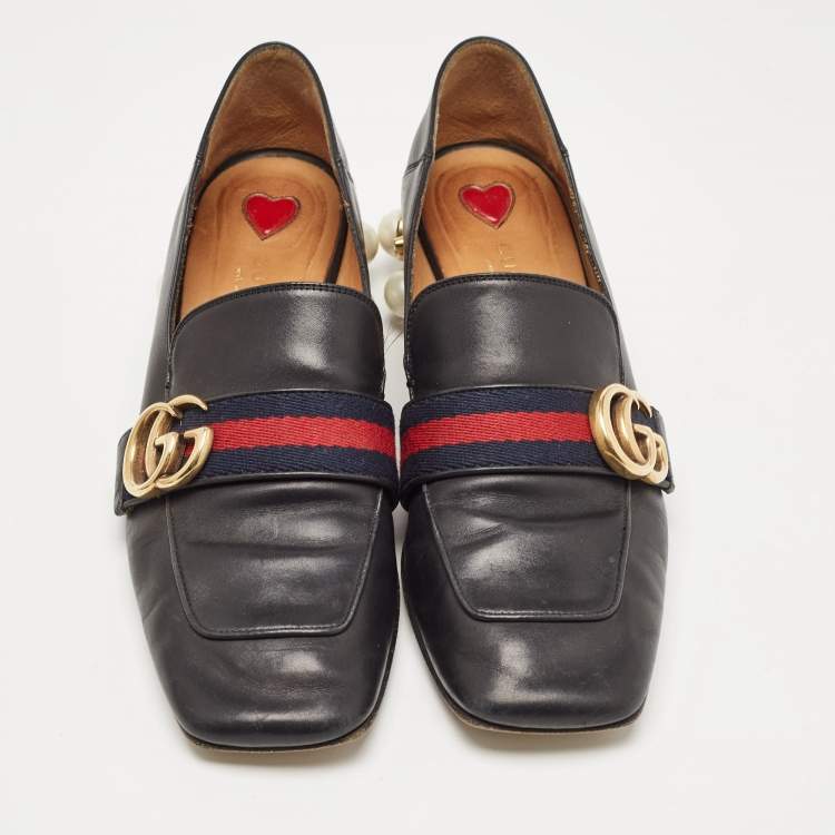Pre Owned Gucci Black Leather Web GG Marmont Faux Pearl Embellished Loafer Pumps Size 37.5