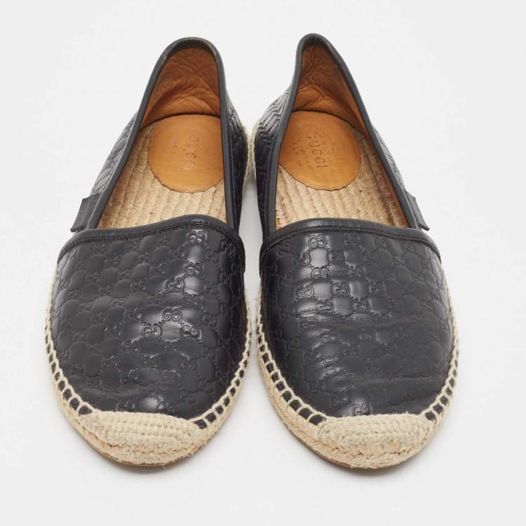 Pre Owned Gucci Black Microguccissima Leather Slip On Espadrille Flats Size 37