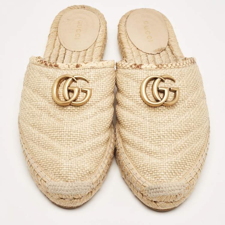Pre Owned Gucci Beige Matelasse Raffia GG Marmont Espadrille Mules Size 37