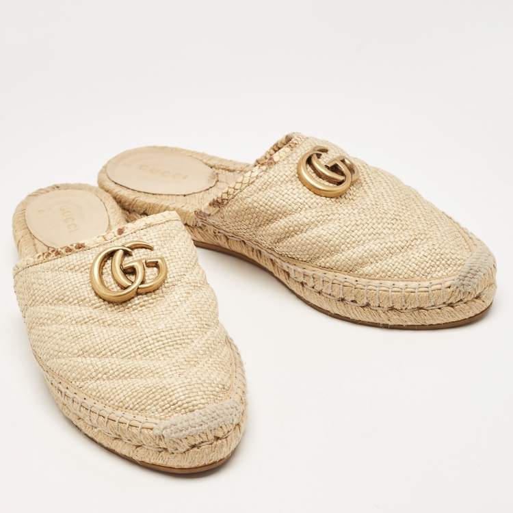 Pre Owned Gucci Beige Matelasse Raffia GG Marmont Espadrille Mules Size 37