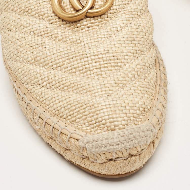 Pre Owned Gucci Beige Matelasse Raffia GG Marmont Espadrille Mules Size 37
