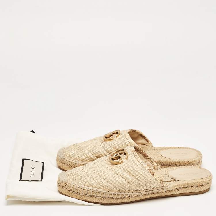Pre Owned Gucci Beige Matelasse Raffia GG Marmont Espadrille Mules Size 37