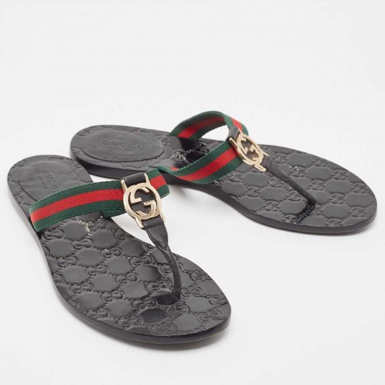 Pre Owned Gucci Black/Green Leather GG Web Thong Flats Size 37.5