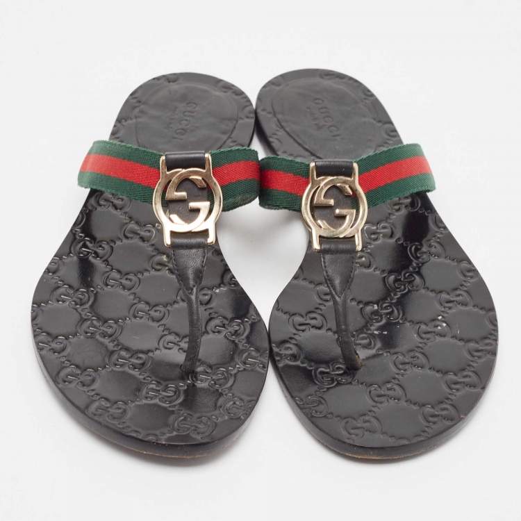 Pre Owned Gucci Black/Green Leather GG Web Thong Flats Size 37.5