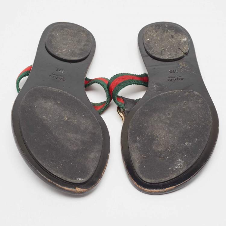 Pre Owned Gucci Black/Green Leather GG Web Thong Flats Size 37.5