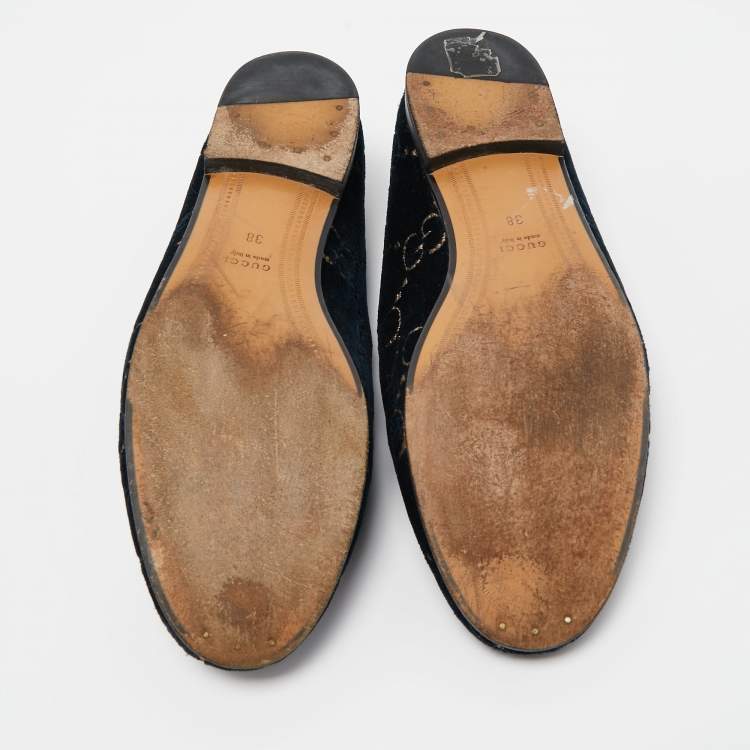 Pre Owned Gucci Blue GG Velvet and Leather Horsebit Slip On Loafers Size 38