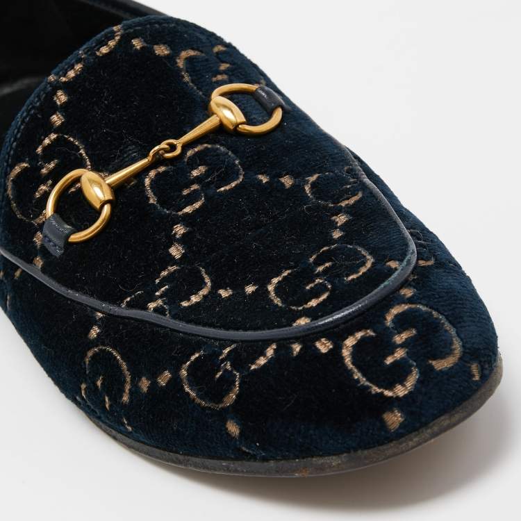 Pre Owned Gucci Blue GG Velvet and Leather Horsebit Slip On Loafers Size 38