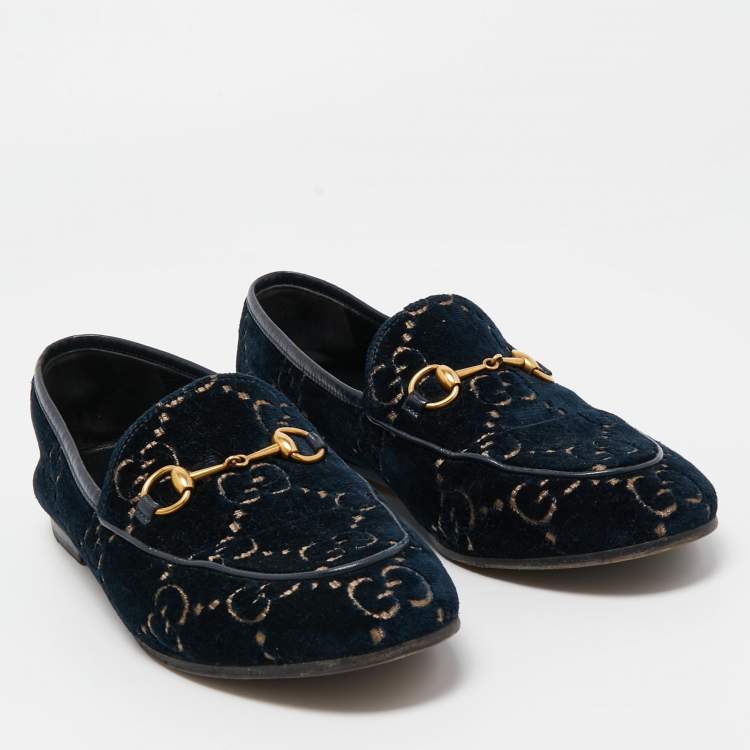 Pre Owned Gucci Blue GG Velvet and Leather Horsebit Slip On Loafers Size 38