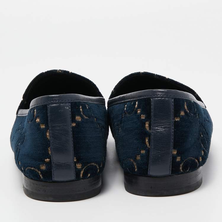 Pre Owned Gucci Blue GG Velvet and Leather Horsebit Slip On Loafers Size 38