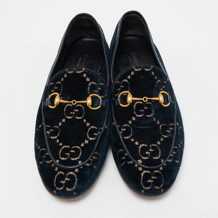 Pre Owned Gucci Blue GG Velvet and Leather Horsebit Slip On Loafers Size 38