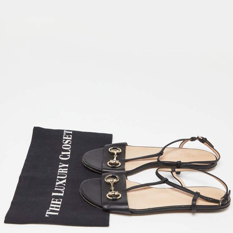 Pre Owned Gucci Black Leather Horsebit T-Strap Flat Sandals Size 36