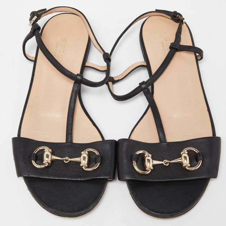 Pre Owned Gucci Black Leather Horsebit T-Strap Flat Sandals Size 36